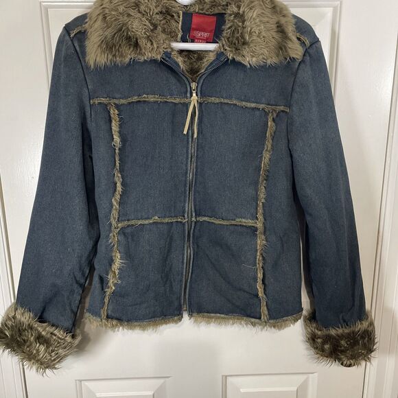 Vintage Jacket Coat Shaggy Penny Lane Denim Faux Fur Women’s Small Y2K Trucker - Picture 1 of 11